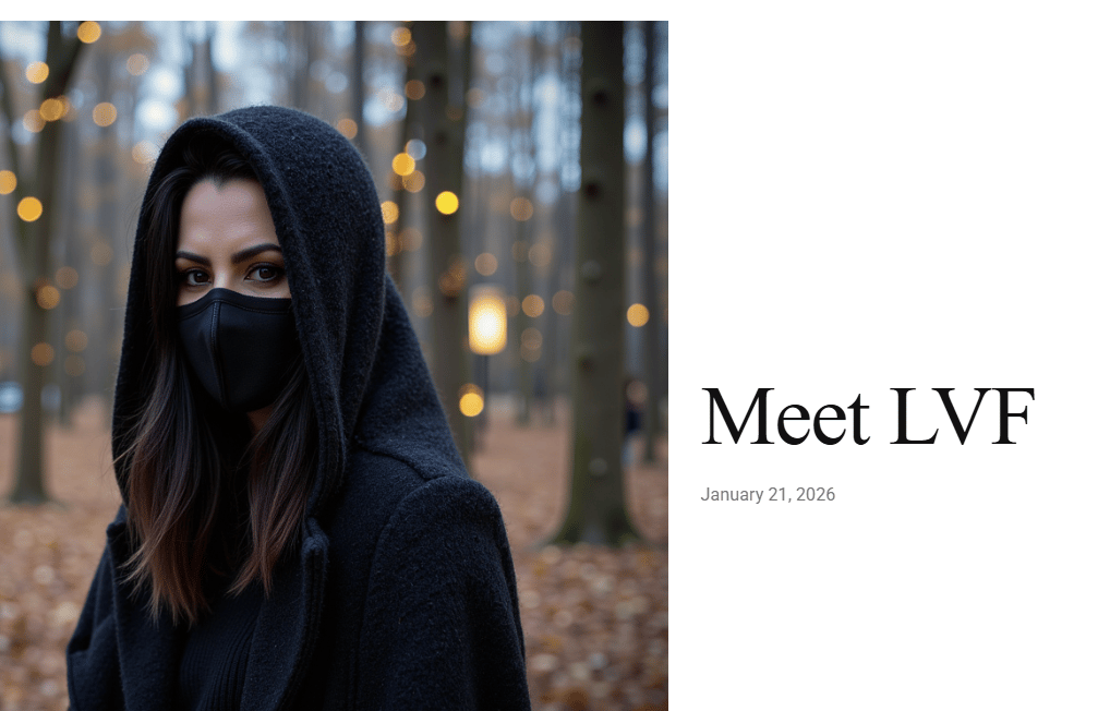 The cover of Bold Journey Magazine. LVF (@lvf.shadowwork) is a woman in black in the woods.