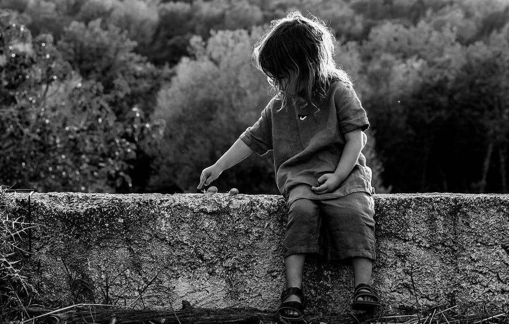 a little boy sitting on a stone wall, looking a snail