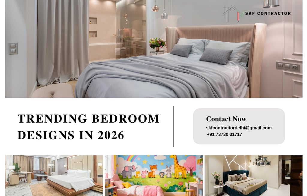 Modern luxury bedroom interior design trends for 2026 showcasing elegant furniture and decor by SKF Contractor.