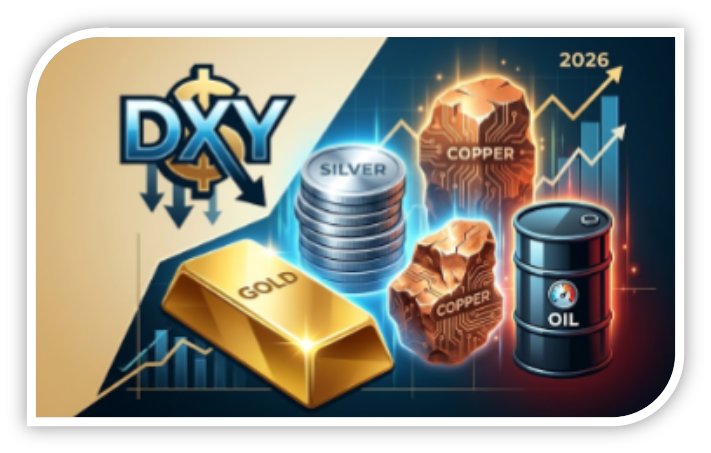 A glowing gold bar, silver coins, copper, and oil barrel showing 2026 growth.