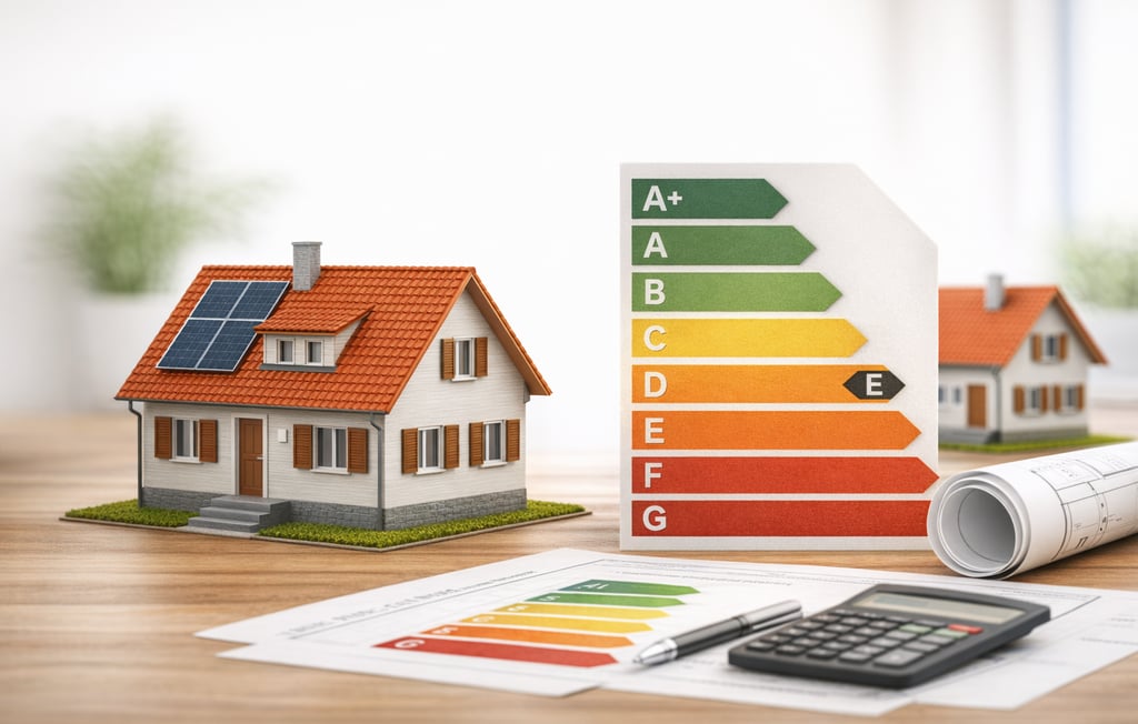 Modellhaus mit Energieeffizienzskala als Symbol für Energieberatung in Aachen