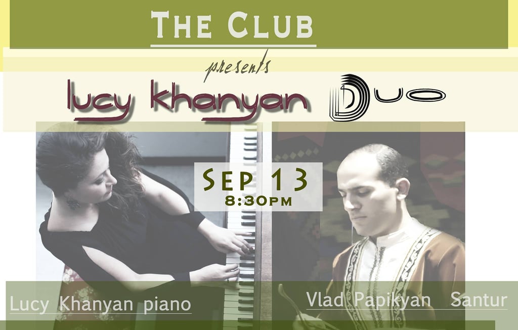 Poster for Lucy Khanyan Duo live performance featuring piano and santur on September 13.