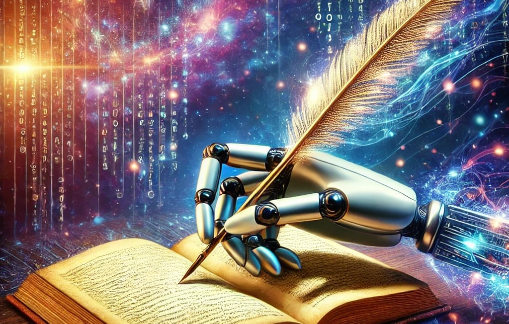 Una mano robótica futurista sostiene una pluma mientras escribe en un libro antiguo, simbolizando la