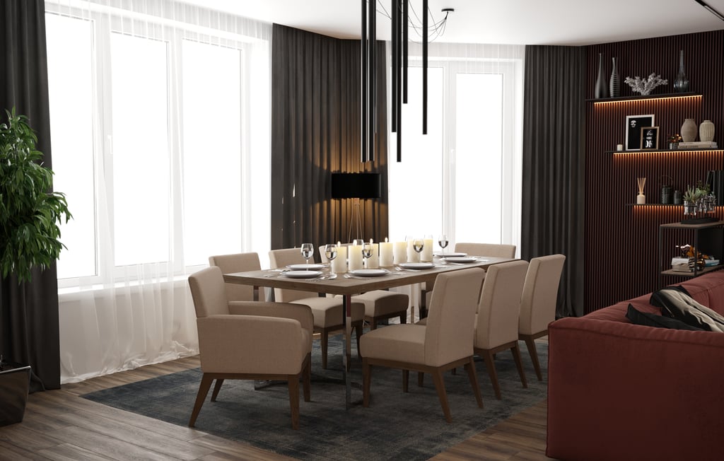 a dining room table with a table set for four