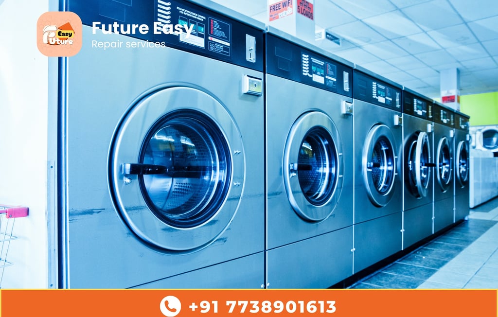 Row of industrial washing machines.