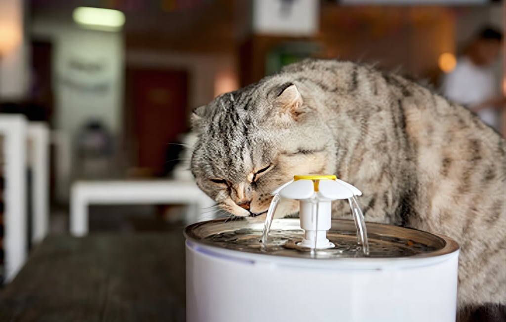 Kleurrijke kat drinkt uit een moderne waterfontein voor optimale hydratatie