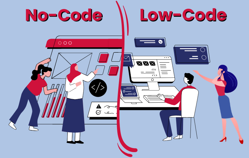 Comparison of no-code vs low-code platforms showing developers building applications with visual interfaces.