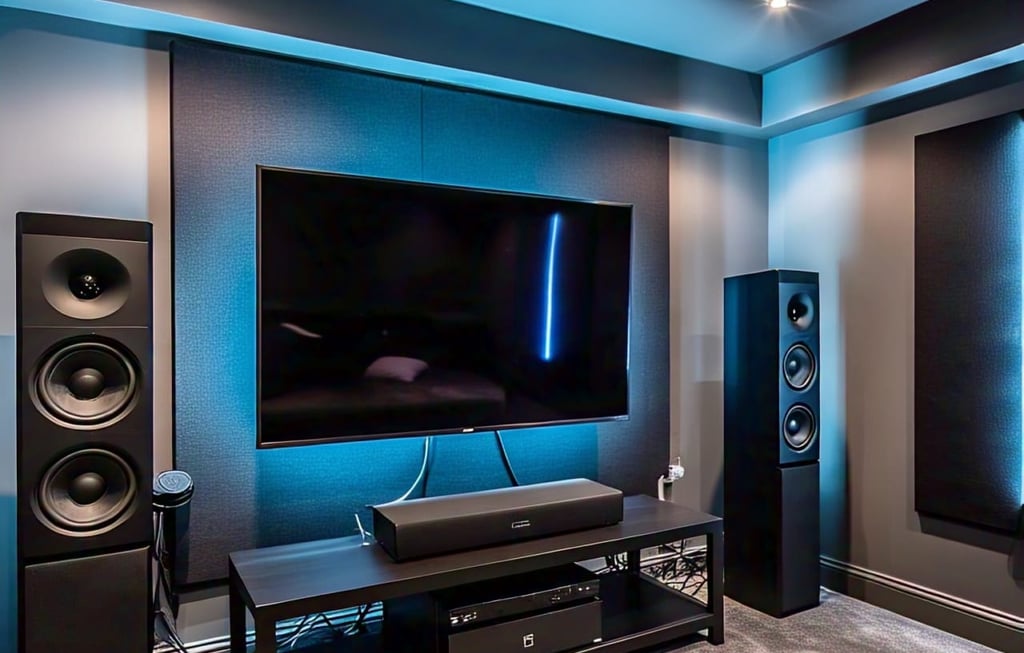 A picture showing a smart tv mounted on the wall with a modern surrounding sound system installed