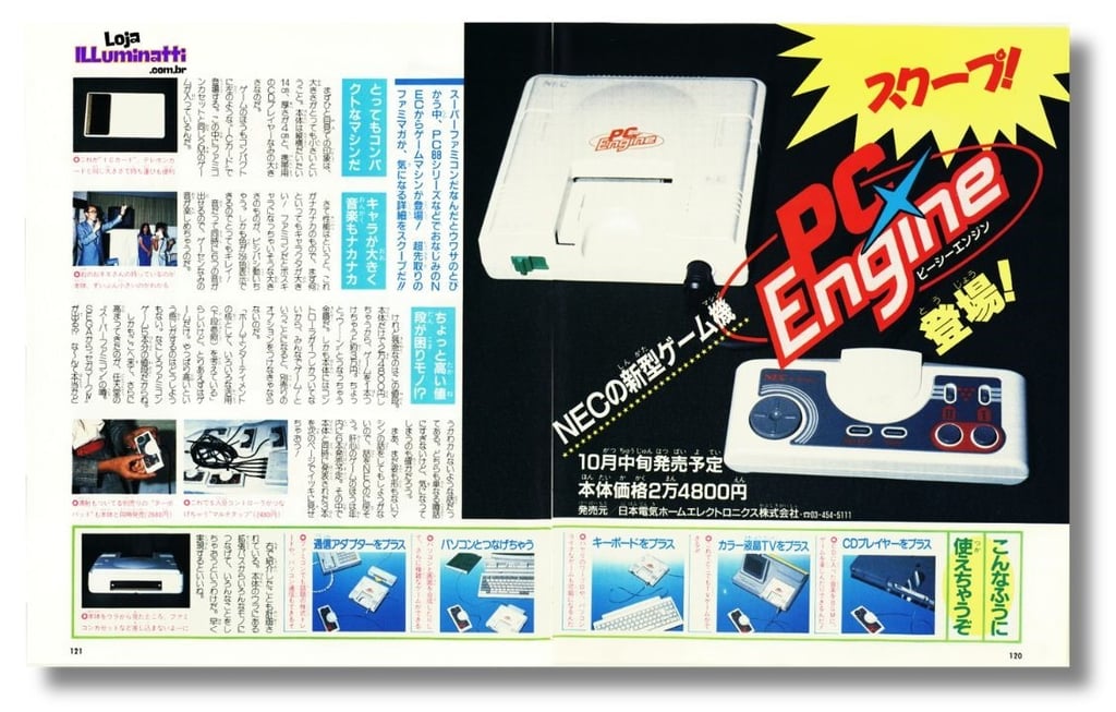 Imagem das páginas 120 e 121 da Revista Famimaga 18 set 1987 e o anúncio do lançamento do PC-Engine