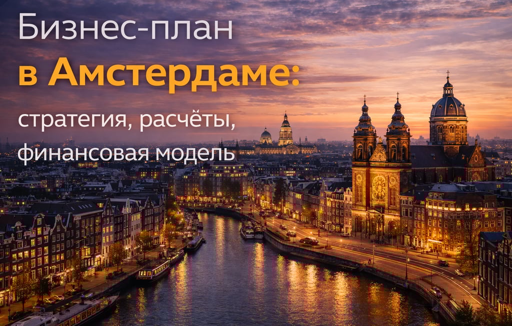 Бизнес-план в Амстердаме на фоне вечернего города и каналов. Финансовая модель и стратегическое план