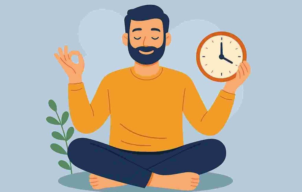 Fridfull man som håller en klocka samt gör yoga