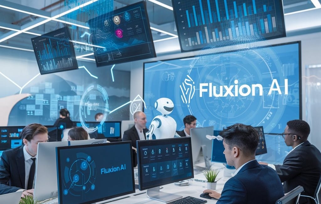 A modern high-tech business office featuring digital screens with AI analytics, professionals working at computers, holograph