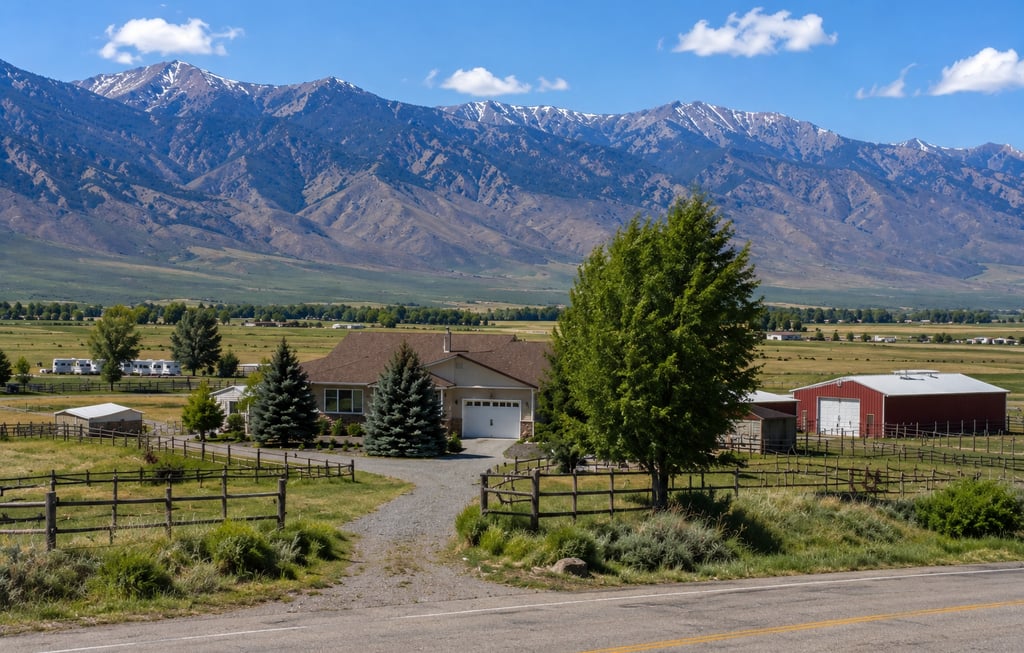 A rural ranch house and red barn sitting before a vast mountain range under a blue sky.