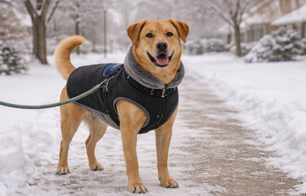 Dog wearing a winter coat before a cold weather walk.