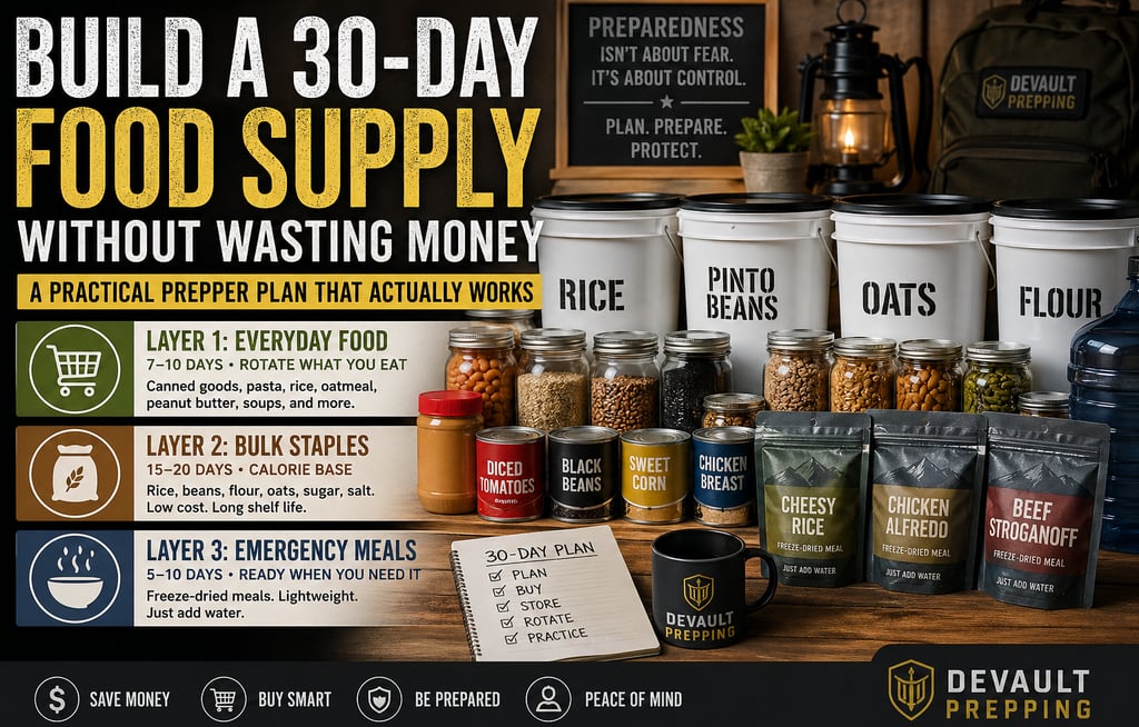 An infographic on building a 30-day emergency food supply with buckets of rice, beans, and freeze-dried meals.