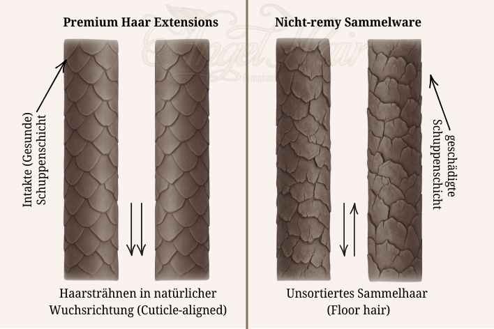 Comparison of premium cuticle-aligned hair extensions vs damaged non-remy floor hair scales.