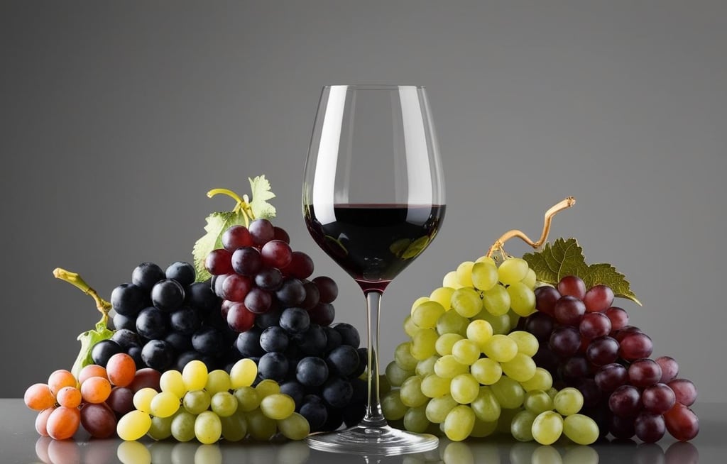 a glass of wine with different grapes around