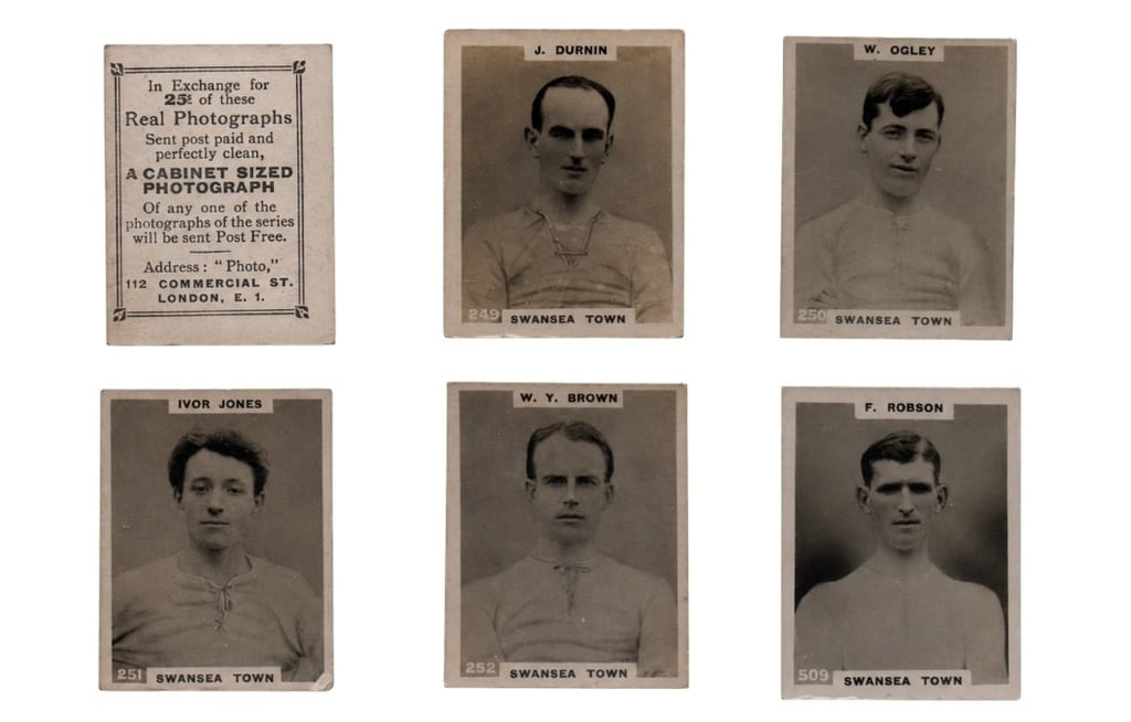 Vintage Swansea Town football trade cards featuring players J. Durnin, W. Ogley, Ivor Jones, W.Y. Brown, and F. Robson.