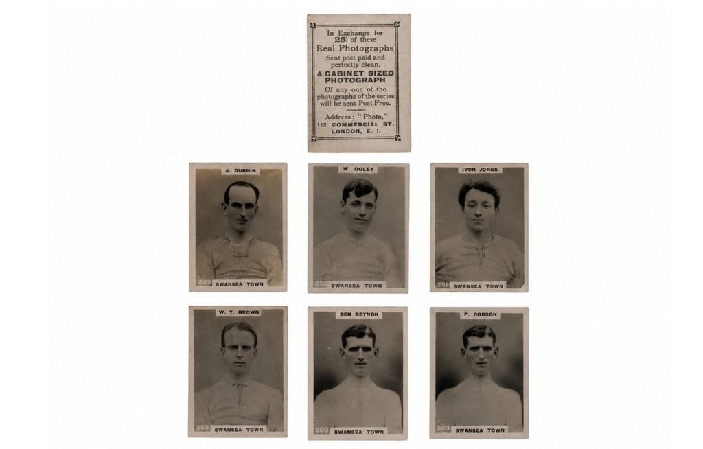 Collection of six vintage Swansea Town football trade cards featuring players like Ben Beynon and Ivor Jones.
