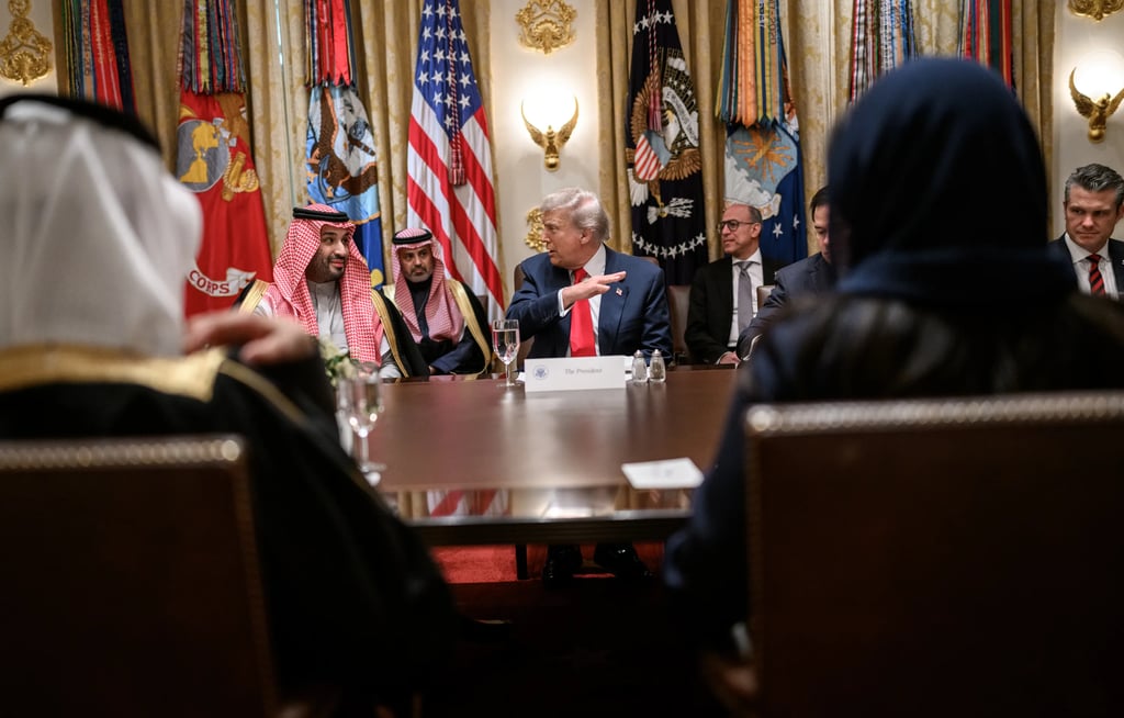 President Donald Trump and Saudi Crown Prince Mohammed bin Salman seated at the Cabinet Room