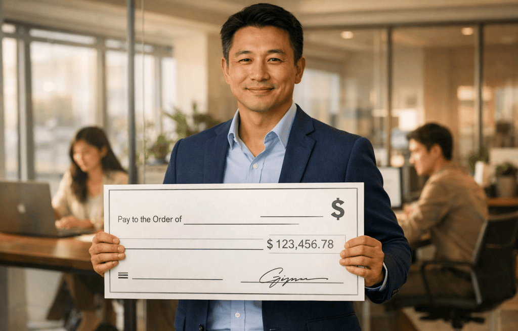 A man holding a big sample check