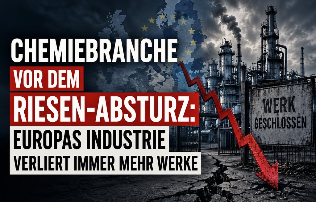 Industrial factory with a falling red arrow representing the European chemical industry economic crisis.