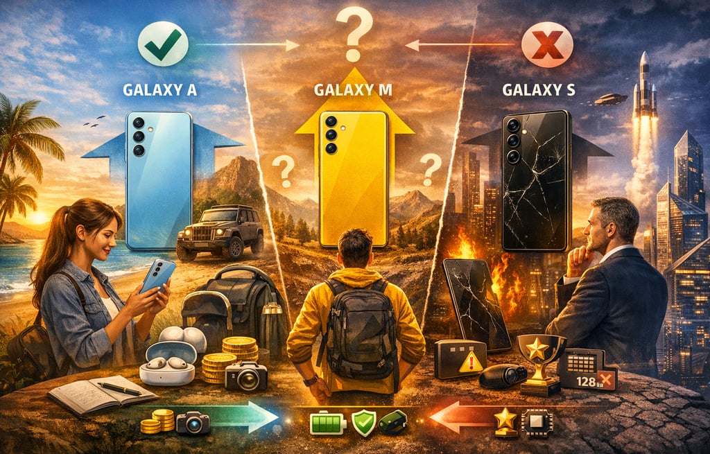Comparação dos smartphones Samsung Galaxy das séries A, M e S com temas de estilo