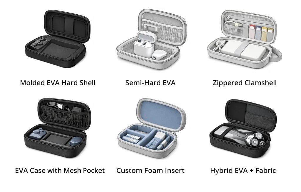 Six types of EVA hard shell carrying cases with custom foam inserts and mesh pockets for electronics.