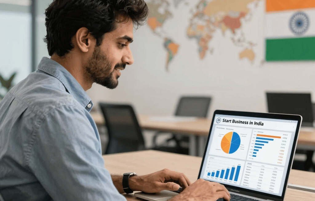 An entrepreneur analyzing data on a laptop to start a business in India in a modern office.