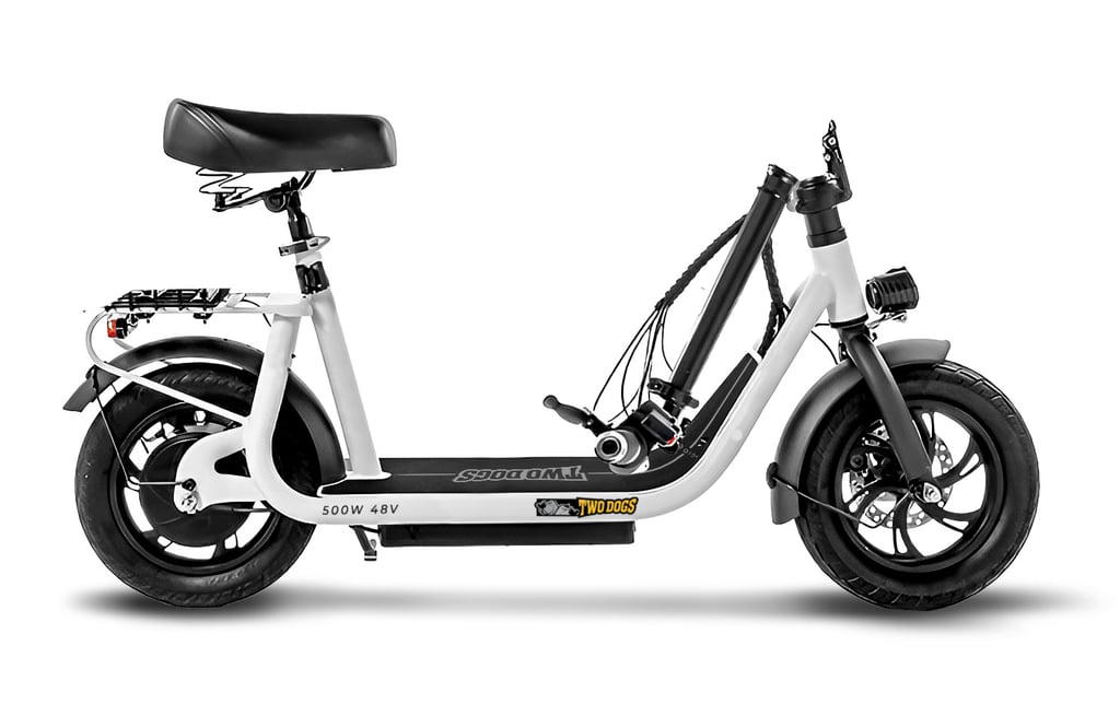 a white electric scooter with a black seat