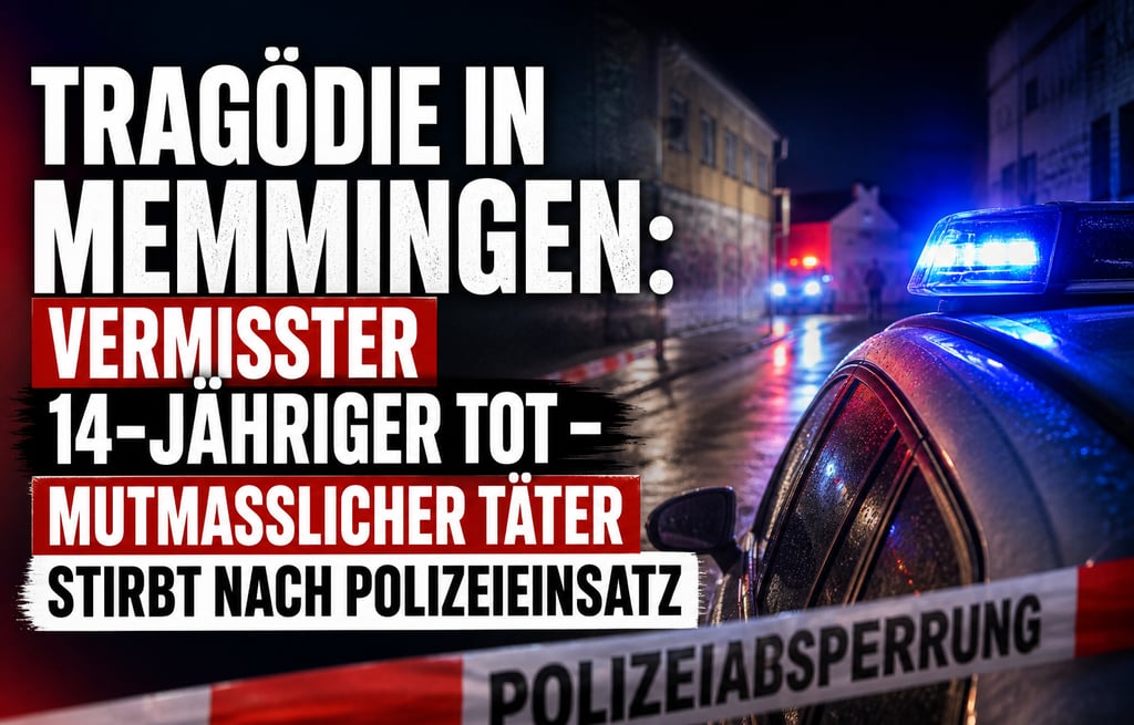 Polizeieinsatz in Memmingen mit Streifenwagen und Absperrband bei Nacht nach einer Tragödie um einen 14-Jährigen.