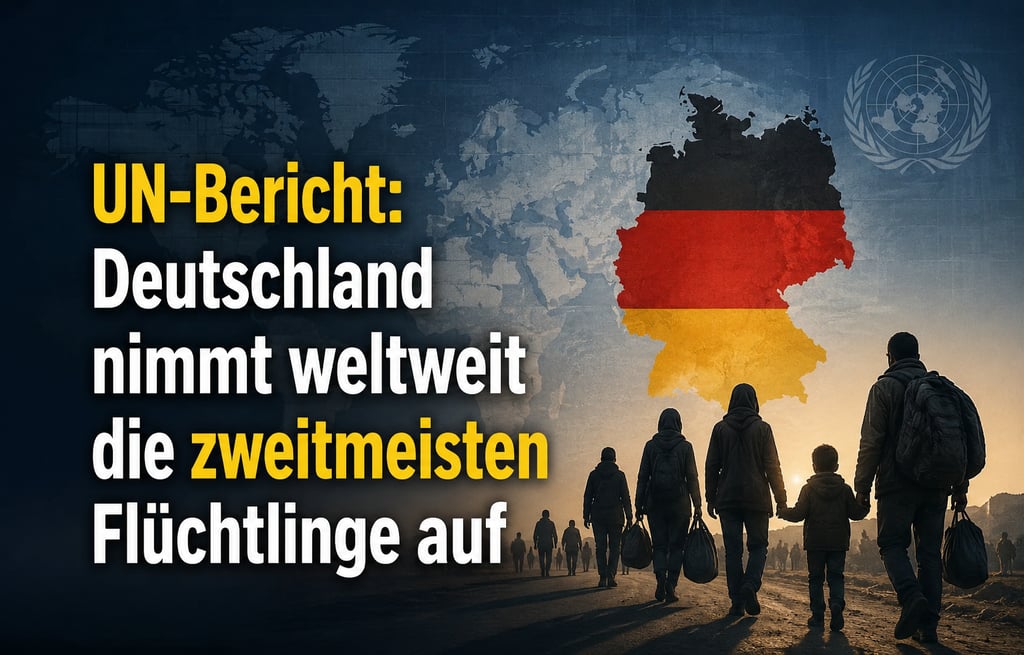 UN report graphic showing a family of refugees walking toward a German map overlay about asylum seekers.