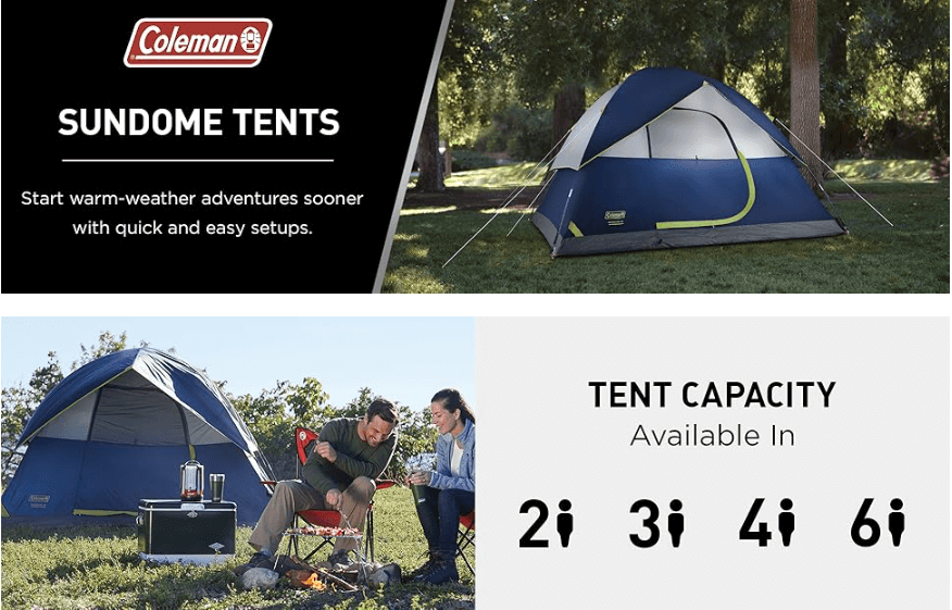 Friends camping in Coleman Sundome cheap camping tent, best budget camping tent for casual campers