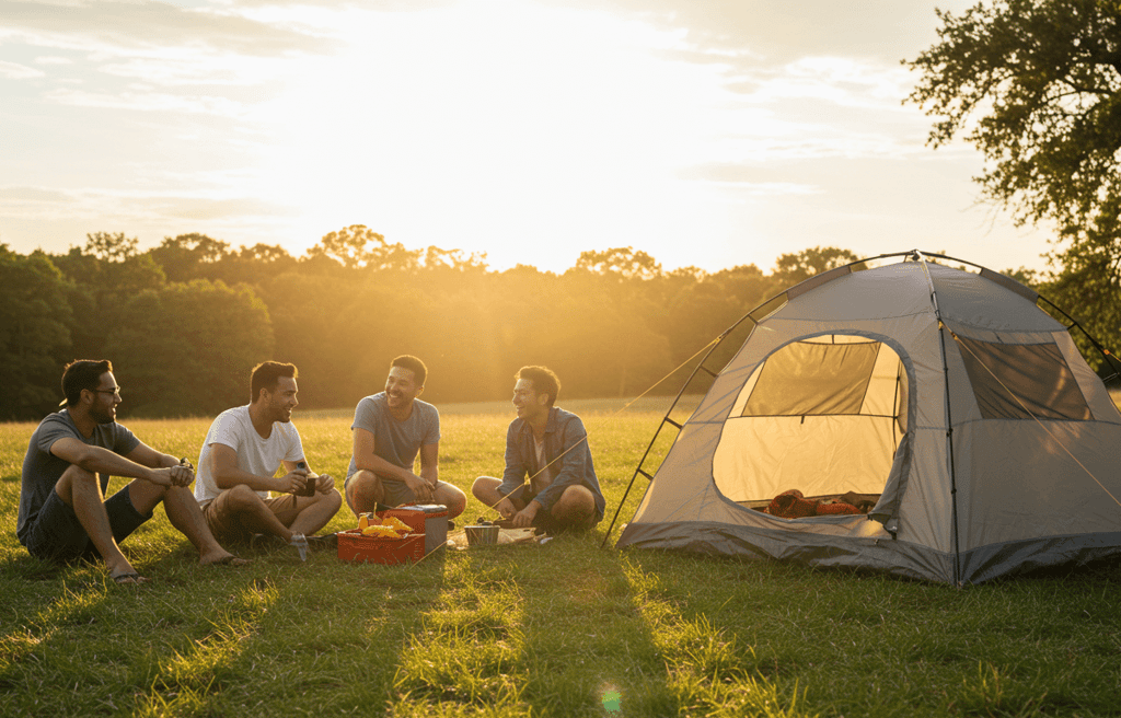 Friends camping in Coleman Sundome cheap camping tent, best budget camping tent for casual campers