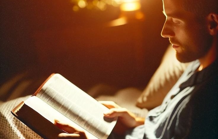 The boy attentively reads the Bible
