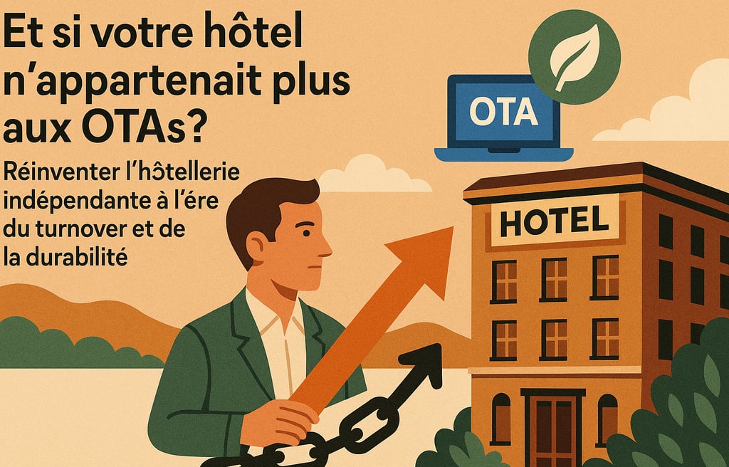 Illustration d’un hôtelier brisant ses chaînes, symbolisant l’émancipation des OTAs, avec un hôtel en arrière-plan et des élé