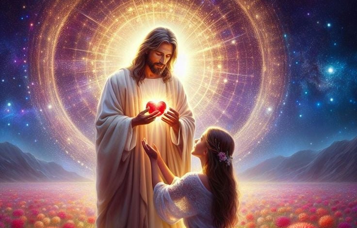 jesus is holding a heart shaped heart in the middle of a field