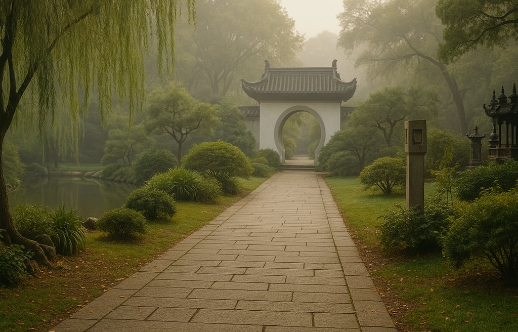A serene path through a classical Chinese garden, morning mist —symbolizing of growth and balance