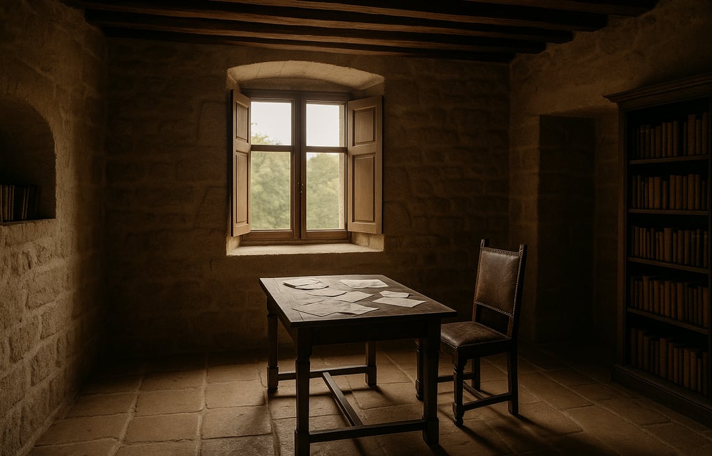 a stone room with wooden beams, an open window, scattered papers.