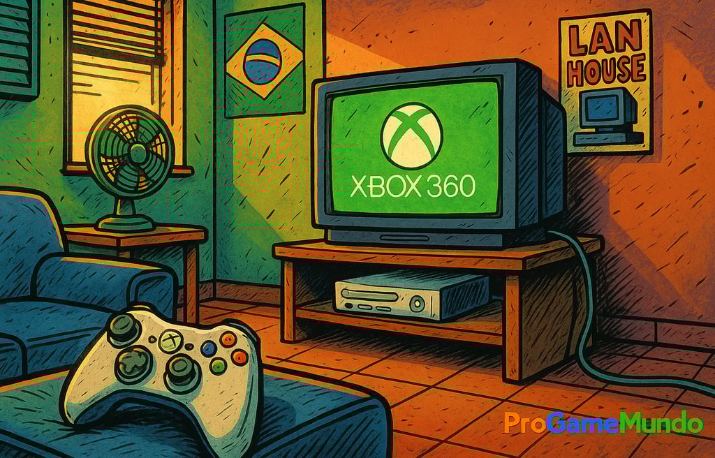 Cena HQ mostrando um ambiente gamer brasileiro com Xbox 360, TV de tubo e ícones culturais.