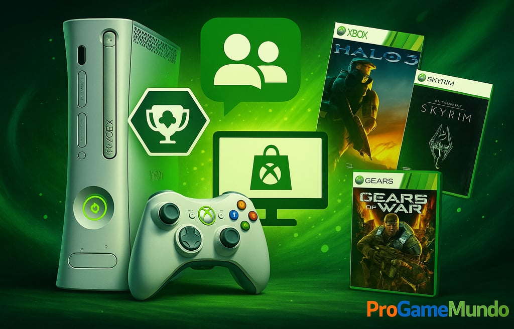 Montagem digital com Xbox 360, achievements, party chat e jogos icônicos que simbolizam seu legado.