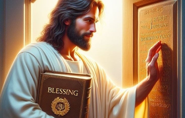 Jesus knocking on the door with blessing