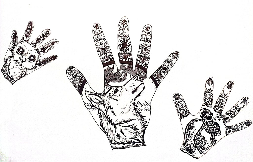 Detailed black and white hand illustrations featuring a wolf, turtle, and tarsier with intricate mandala patterns.