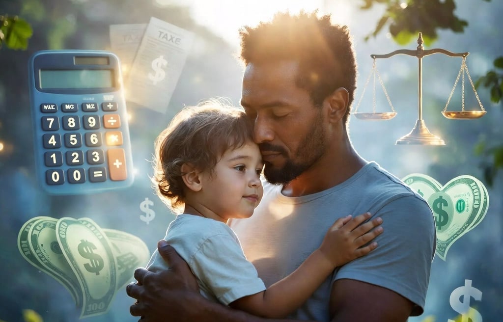 A loving father embracing his child amid calculators and tax documents