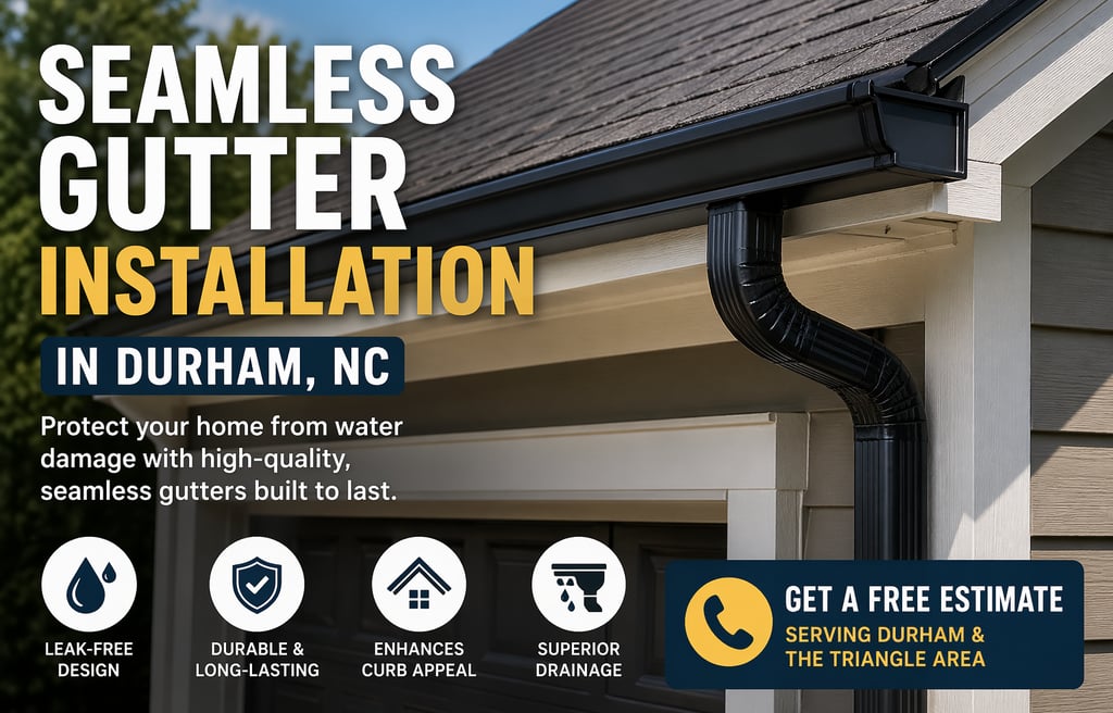 Seamless gutter installation in Durham NC protecting home from water damage