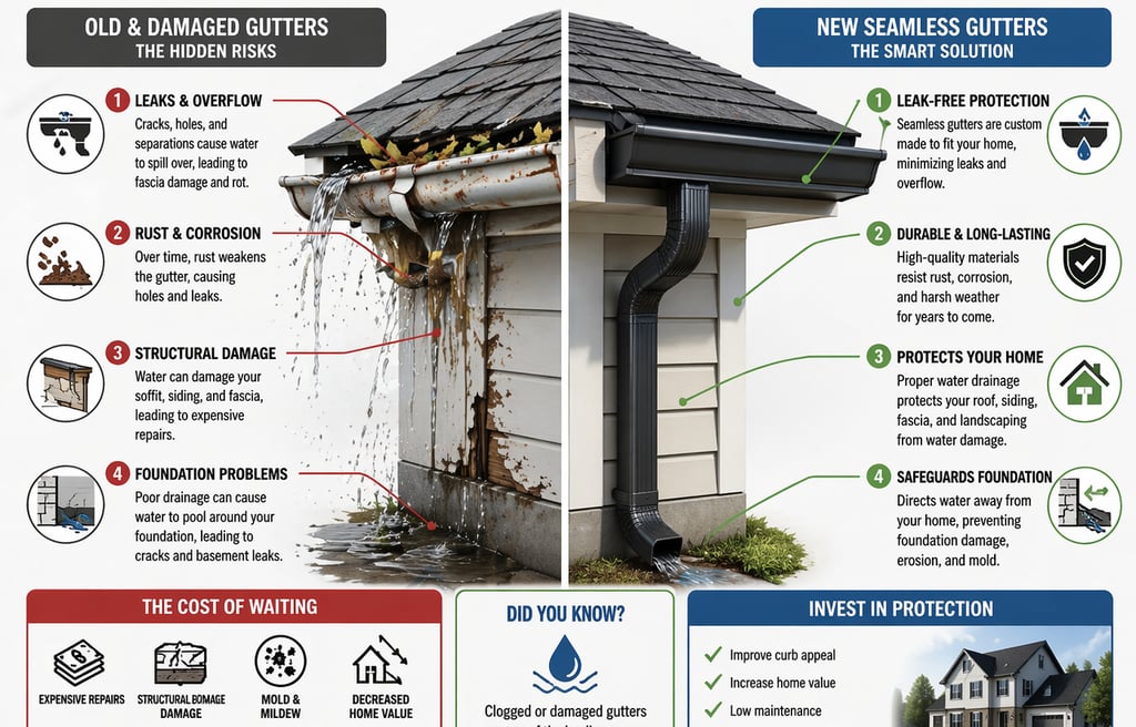 Seamless gutter replacement in Durham NC diagram showing damaged old gutters vs new
