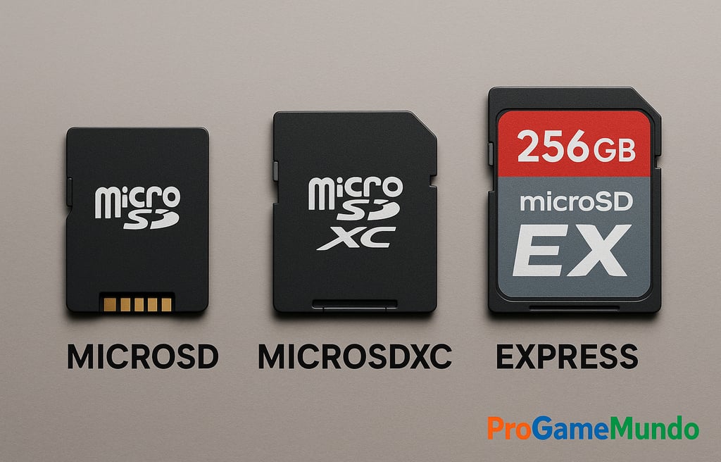 Comparação entre microSD, microSDXC e microSD Express em fundo cinza.