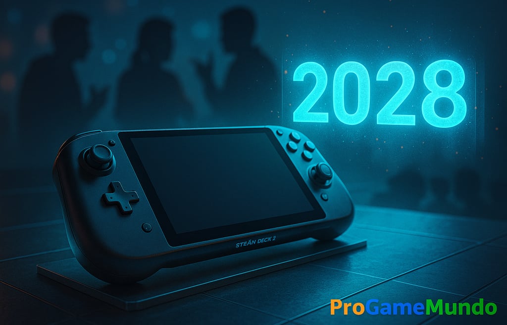 Steam Deck futurista com holograma azul de 2028 projetado no ar.