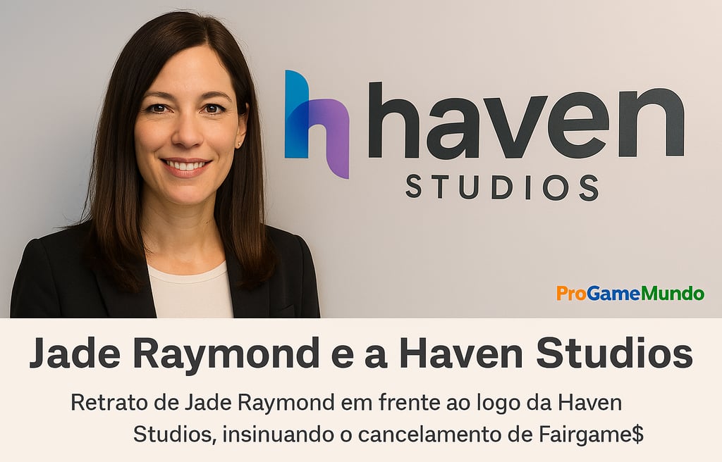 Retrato de Jade Raymond diante do logotipo da Haven Studios.”