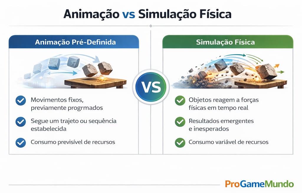 Diagrama comparando animação pré-definida e simulação física em videogames